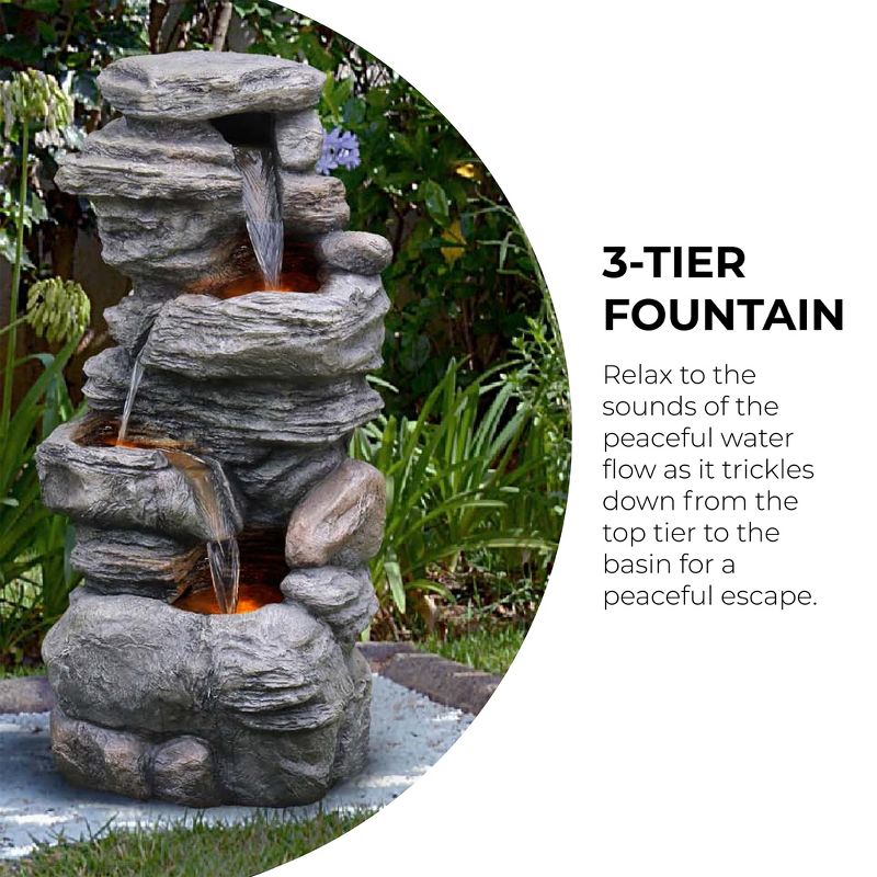 Teamson Home 39.37" Outdoor Faux Stone 4-Tier Water Fountain with LED, Gray, 3 of 14