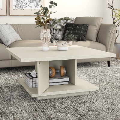 Cream Weave Square Wood Coffee Table with Hidden Storage