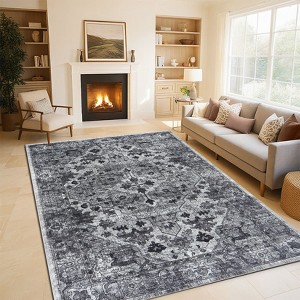 Machine Washable Vintage Floral Printed Area Rug Low Pile Stain Resistant Non Slip Non Shedding Pet Friendly Floor Mat - 1 of 4
