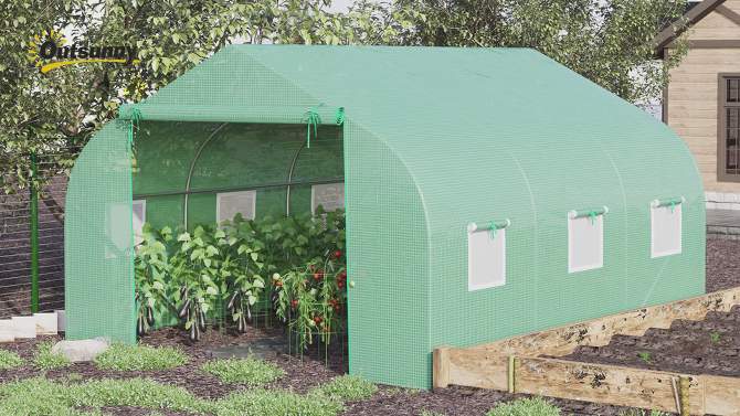 Outsunny 12' x 10' x 7' Outdoor Walk-In Tunnel Greenhouse Hot House with Roll-up Windows, Zippered Door, PE Cover, Green, 2 of 10, play video