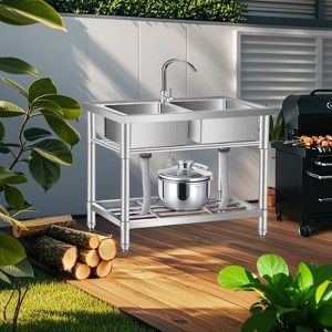 Stainless Steel Utility Sink, Free Standing Single Bowl Commercial Sink with Faucet, Hot/Cold Water Pipes, Storage Shelf & Drain Kit for Kitchen - 1 of 4