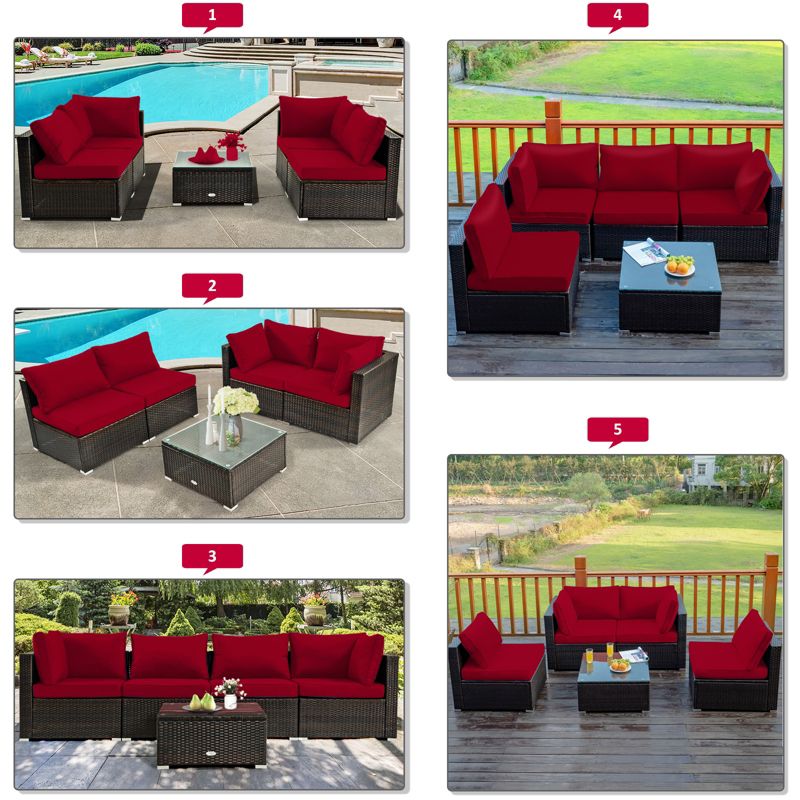 Tangkula 6-Piece Patio Furniture Set w/ 30" Propane Fire Pit Table Outdoor PE Wicker Conversation Set w/ Cushions &Tempered Glass Coffee Table, 5 of 11