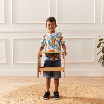 Natural Rubberwood Rolling Sit or Step Stool with Storage