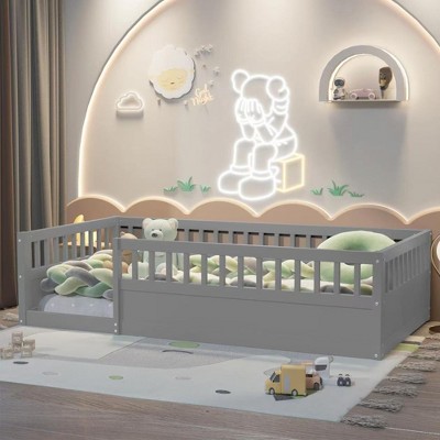 Nicbex Twin/Full Size Floor Bed for Kids,Montessori Bed Frame with High Fence,Sturdy Wood Playhouse Montessori Bed for Girls/Boys