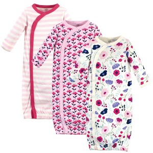 Touched by Nature Baby Girl Organic Cotton Side-Closure Snap Long-Sleeve Gowns 3pk, Pink Botanical - 1 of 1