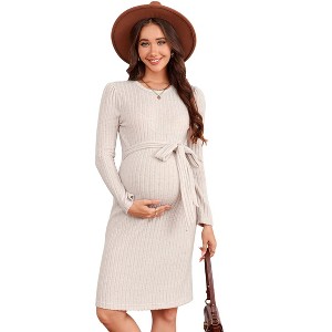 Coolmee Women's Long Sleeve Maternity Midi Dress Crewneck Tie Waist Casual Ribbed Knit Fall Sweater Dress - 1 of 4