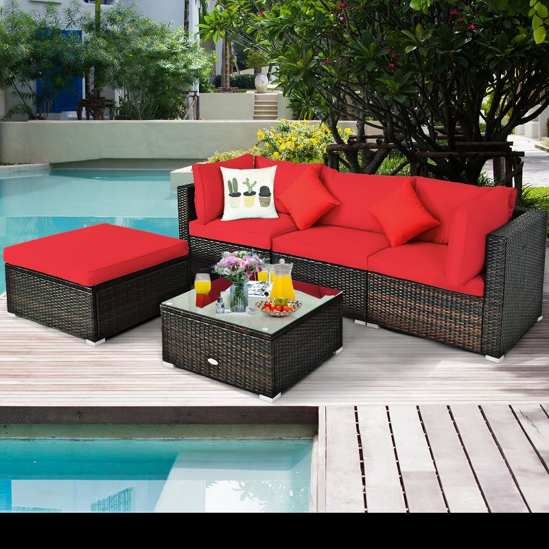 Tangkula Outdoor Rattan Sectional Loveseat Couch Conversation Sofa Set with Storage Box &Coffee Table Red/Navy/Turquoise, 4 of 7