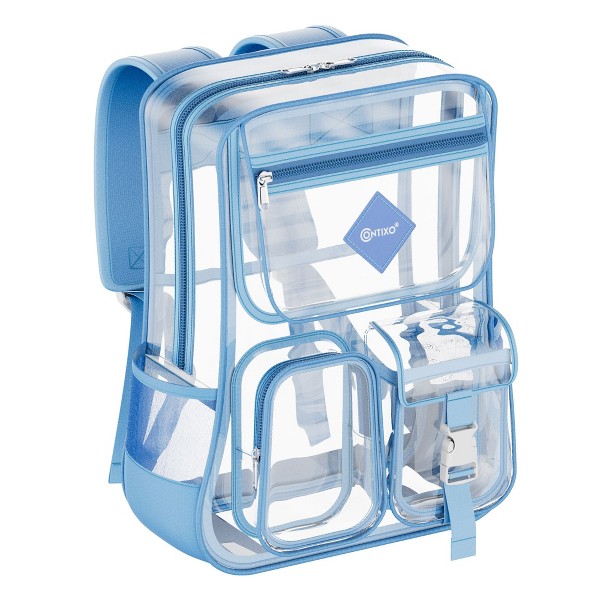 Mochila transparente Contixo para niños y adultos, aprobada para estadios y escuela, PVC impermeable, 16.9" alto x 13.7" largo x 6.6" ancho 8