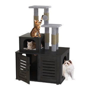 Hooseng Cat Litter Box Enclosure with Tree Tower and Condo, Hidden Washroom Wooden Cat Furniture with Sisal Scratching Post and Soft Plush Perch - 1 of 4