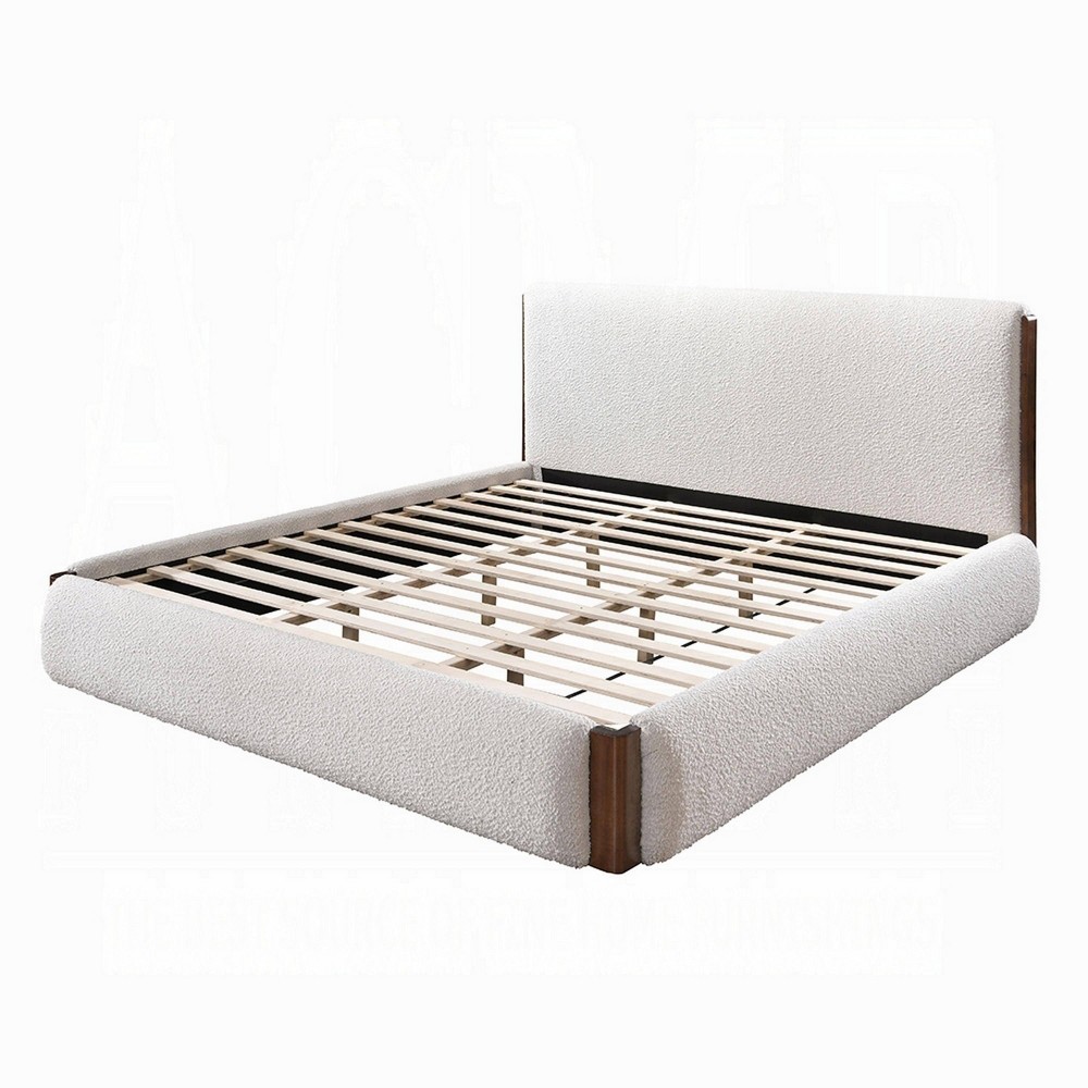 Benzara Fedro Queen Bed Low Profile White Boucle Upholstery Walnut Brown