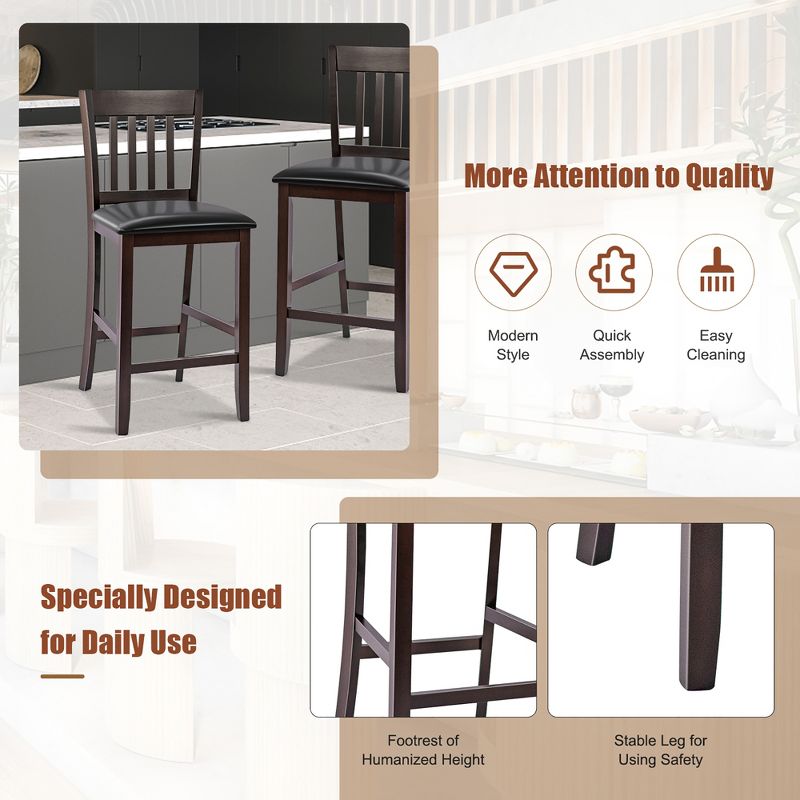 Costway Set of 4 Bar Stools Counter Height Chairs w/ PU Leather Seat Espresso, 5 of 11