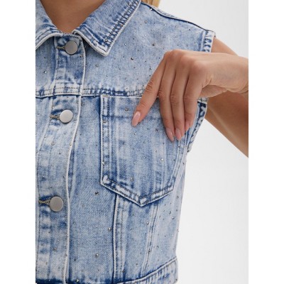 INSPIRE CHIC Women's Turndown Collar Denim Button Down Rhinestones Sleeveless Cropped Jean Jacket XX-Large Light Blue — фото 5