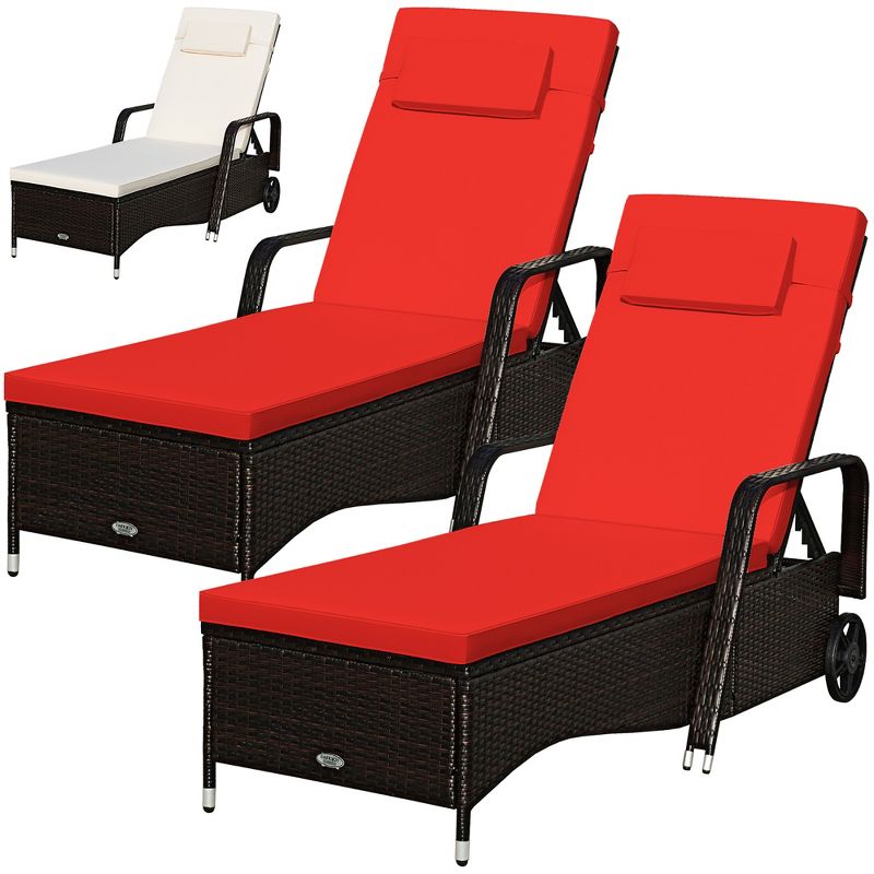 2PCS Patio Rattan Lounge Chair Chaise Recliner Adjust withRed & Off White Cover, 2 of 11