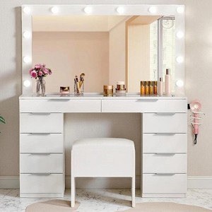 10 Drawers Vanity Desk Glass LED Lights Tabletop Makeup Table w/ Power Hub White - 1 of 4