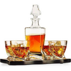 The Wine Savant Italian Crafted European Design Whiskey & Wine Decanter Set Includes 4 European Whiskey Style Glasses Set on Wooden Tray - 855 ml - 1 of 4