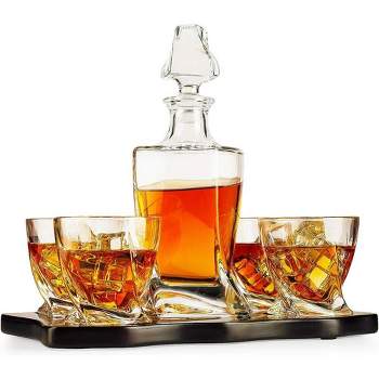 The Wine Savant Italian Crafted European Design Whiskey & Wine Decanter Set Includes 4 European Whiskey Style Glasses Set on Wooden Tray - 855 ml
