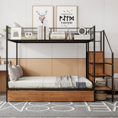 Twin Over Full Metal Bunk Bed with Drawer and Lateral Storage Ladder and Wardrobe, Black
