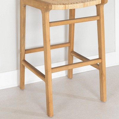 Natural Wood and Rattan Bohemian Bar Stools, Set of 2