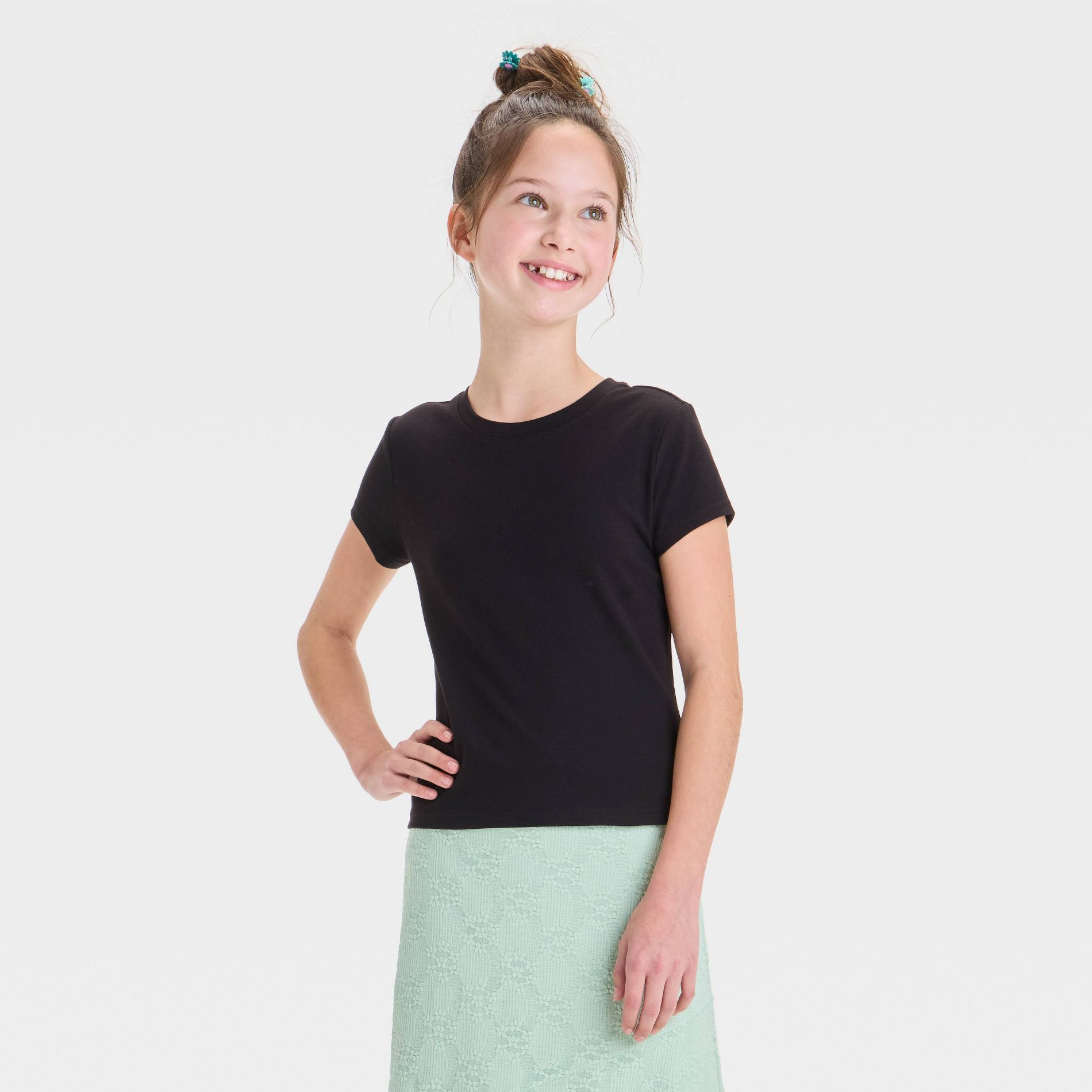 Girls' Short Sleeve T-Shirt - art class™ Black M: Cotton Blend, Recycled Polyester, Spandex, Midweight Jersey Fabric