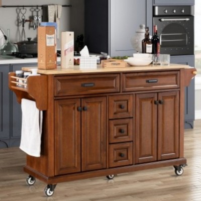 Wood Top Kitchen Island Cart with Wheels, 4 Doors & 5 Drawers, Rolling Storage Cabinet for Kitchen or Dining – The Pop Home