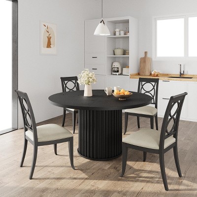 47" Round Dining Table for 4-6 People, Black Dining Room Table w/ Sturdy Waveform Metal Pedestal Base, Farmhouse Circle Kitchen Table for Dining Room