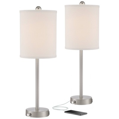 360 Lighting Modern Table Lamps Set of 2 with Dimmable USB and Outlet Brushed Nickel White Fabric Cylinder for Living Room Bedroom