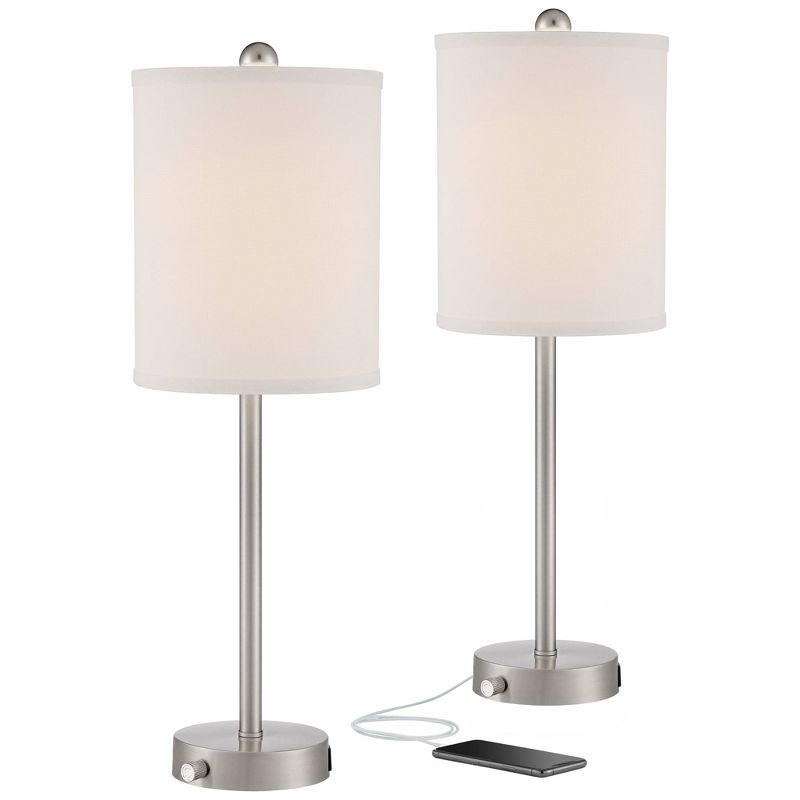 360 Lighting Trotter Modern Table Lamps 23 3/4" High Set of 2 Brushed Nickel with USB and AC Power Outlet in Base White Fabric Cylinder for Home Desk, 1 of 10