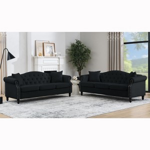 79" Chesterfield Sofa Black Velvet for Living Room, 3 Seater Sofa Tufted Couch with Rolled Arms and Nailhead for Living Room - 1 of 4