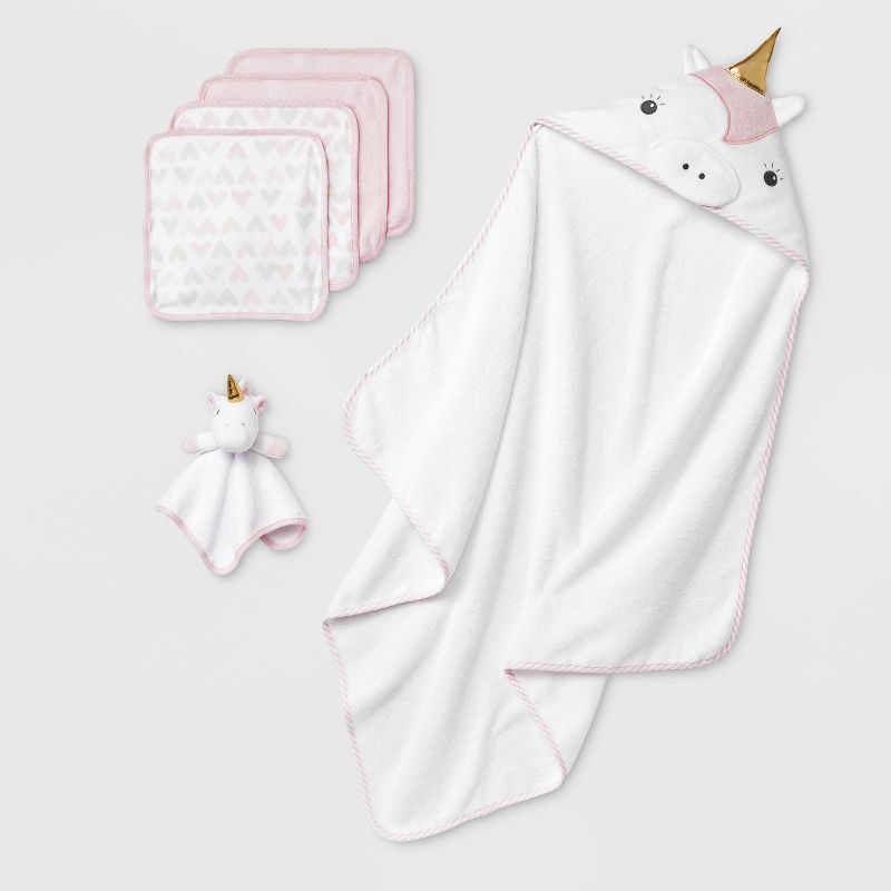 Baby Girls&#39; Unicorn Hooded Bath Towel And Washcloth Set - Cloud Island&#8482; Pink/White, 1 of 3