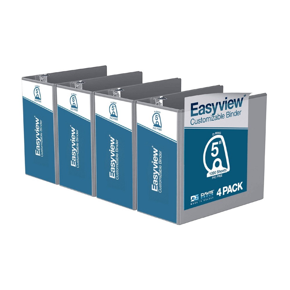 Easyview 4pk 5" Premium Angled D-Ring Binders 11x17" Gray: Polypropylene, 700 Sheet Capacity, 2 Pockets, Hard Cover