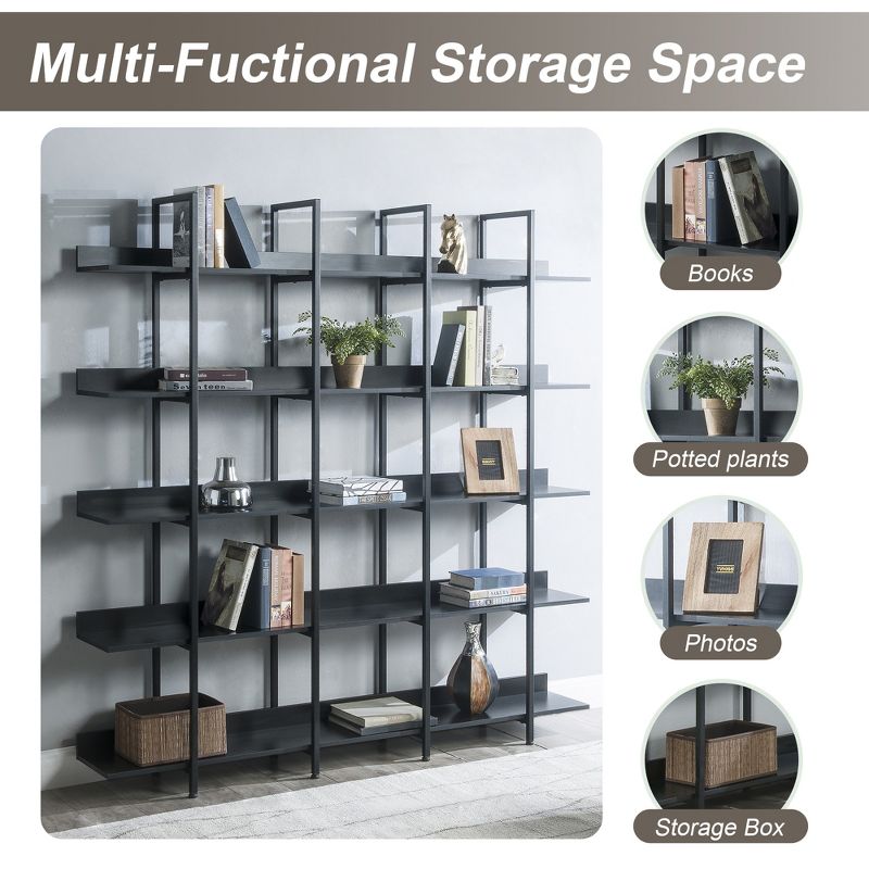5 Tier Bookshelf Retro Industrial Style Open Storage Display Rack - ModernLuxe, 4 of 13