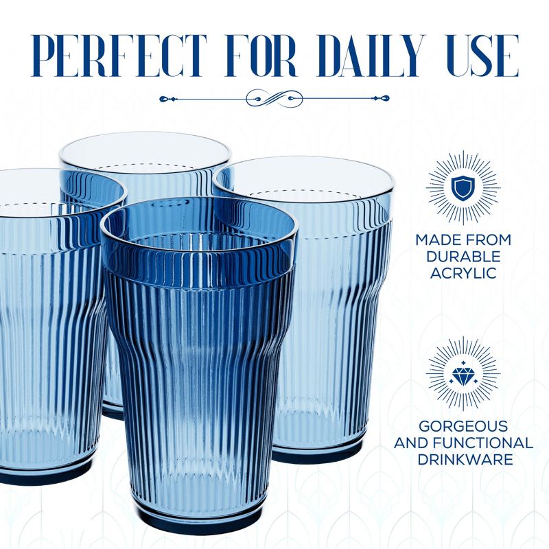 Elle Decor Acrylic Water Tumblers, Set of 4, Unbreakable Drinking Cups, Stackable and Reusable Plastic Drinkware, 14-Ounce - Indigo Blue, 5 of 8