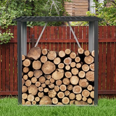 2-In-1 Outdoor Backyard Steel Firewood Rack and Black Metal Storage Shed,Indoor Garden Sloped Roof Open Firewood Storage Buildings-Coolbibila