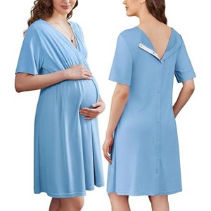 Ekouaer Labor and Delivery Gown for Hospital Short Sleeve Maternity Nursing Dress Nightgown with Button - 1 of 4