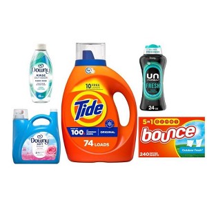 Downy 140 fl oz Fabric Softener + 24oz Laundry Scent Booster + 48 fl oz Fabric Rinse + Tide 84 fl oz Liquid Detergent Soap + Bounce 240ct Dryer Sheets - 1 of 4