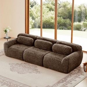 114 inch Brown Plush Fabric Sectional Sofa Couches with Throw Pillows ( Buckle Connection) - 1 of 4