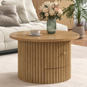 Angel Sar 30.5'' Round Farmhouse Coffee Table with Drawer Natural Wood Finish Vertical Slat Base, Living Room Center Table - 1 of 4