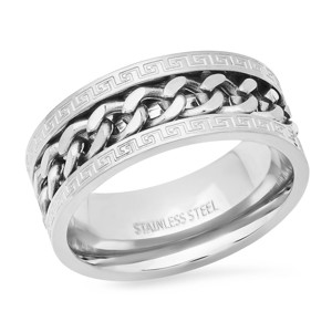 Steeltime Men's stainless steel cuban chain inlay and greek key accents band ring. Color Options: Silver, Gold. Size 9-12 - 1 of 4