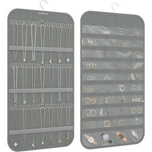 Double-Sided Hanging Jewelry Organizer with 40 Pockets & 36 Hooks, Wall Mounted Storage for Necklaces & Earrings, White Grey - 1 of 4