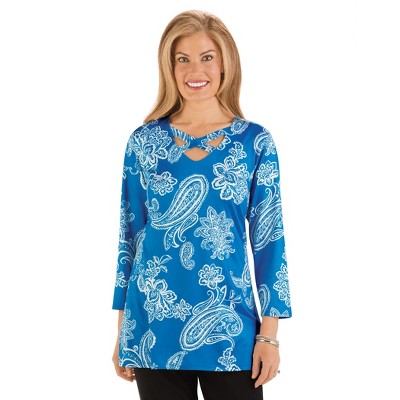 Collections Etc Paisley Print Lattice V-Neck 3/4 Length Sleeve Knit Top