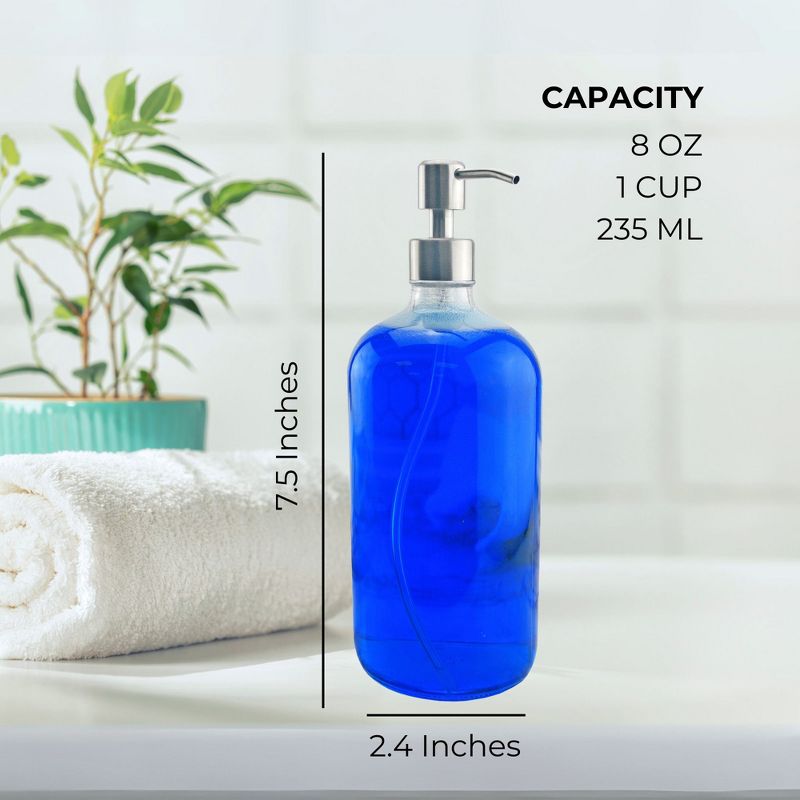 Cornucopia Brands 8oz Clear Glass Bottles w/ Stainless Steel Lotion Pumps 4pk; Empty Refillable Liquid Soap & Lotion Bottles, 3 of 9