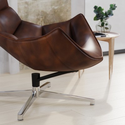 Bomber Jacket Faux Leather Curved Swivel Accent Chair with Chrome Base