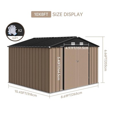 Brown 10x8 FT Metal Outdoor Storage Shed with Lockable Doors