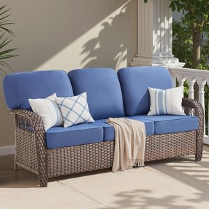 Buenhomino High Back Outdoor Wicker Patio Sofa with 5" Thick Cushion, All Weather Wicker Furniture 3-Seater Sofa Patio Couch for Porch - 1 of 4