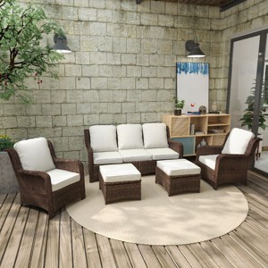 Outdoor 5 Pcs Furniture Set, Sectional Sofa Set with 5 Seaters, Sofas with Couch and Ottoman, Rattan Sofas with PE Cushions-Coolbibila - 1 of 4