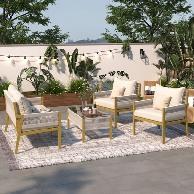 4 Piece Patio Furniture Set, Outdoor Conversation Set for 4, Patio Bistro Set with Glass Top Coffee Table for Porch Balcony Garden Yard