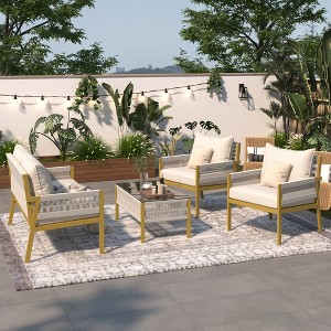 4 Piece Patio Furniture Set, Outdoor Conversation Set for 4, Patio Bistro Set with Glass Top Coffee Table for Porch Balcony Garden Yard - 1 of 4