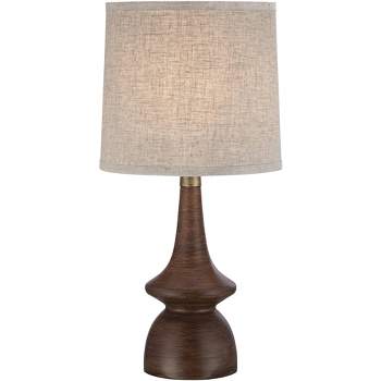 360 Lighting Mid Century Modern Table Lamp 24" High Walnut Faux Wood Brown Off White Linen Drum Shade for Bedroom Living Room House Bedside Office