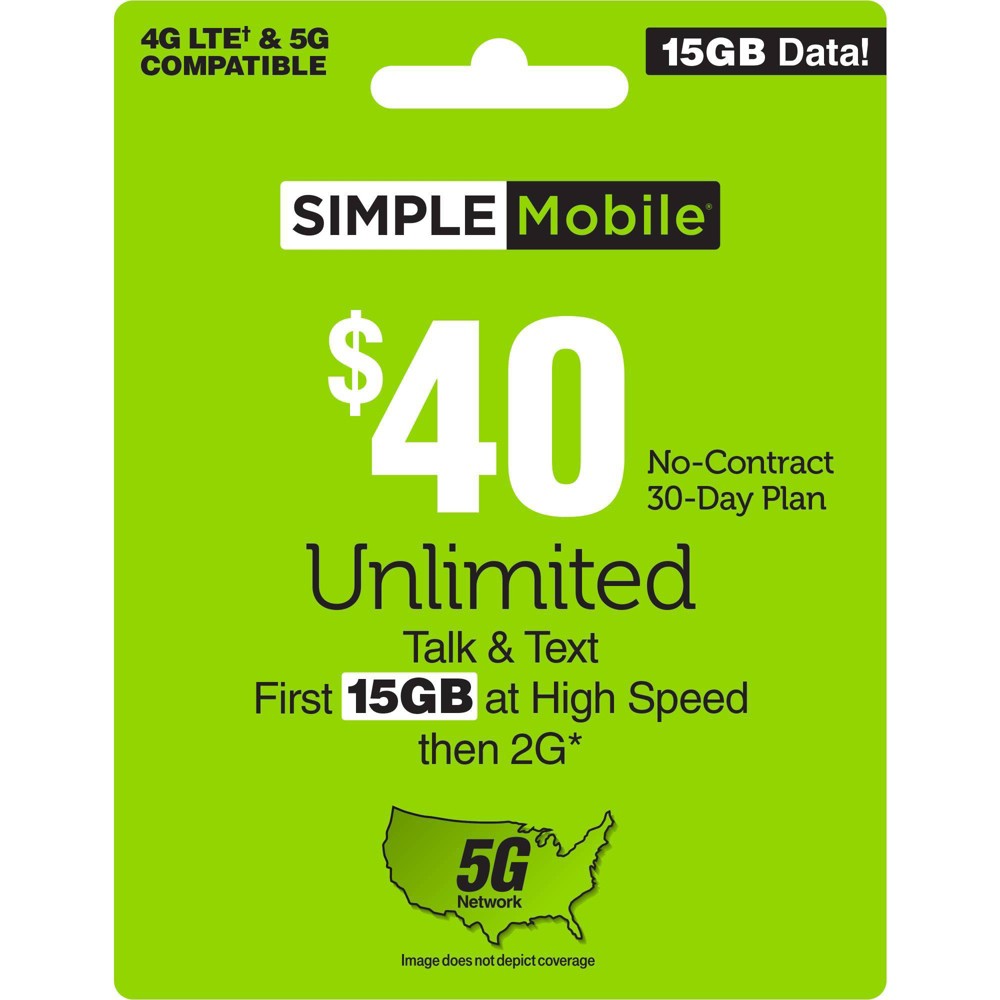 Photos - Other for Mobile Simple Mobile $40 Unlimited Talk Text Data Prepaid Card (Email Delivery)