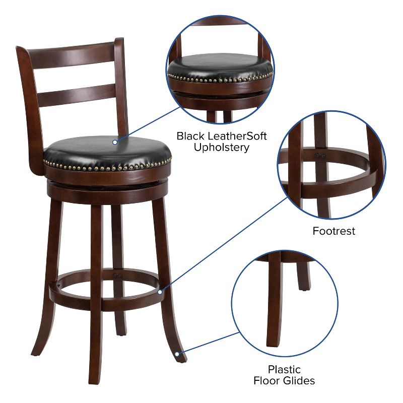 Merrick Lane 30" Wooden Bar Height Stool in Cappuccino Finish with Single Slat Ladder Back with Faux Leather Seat, 5 of 12
